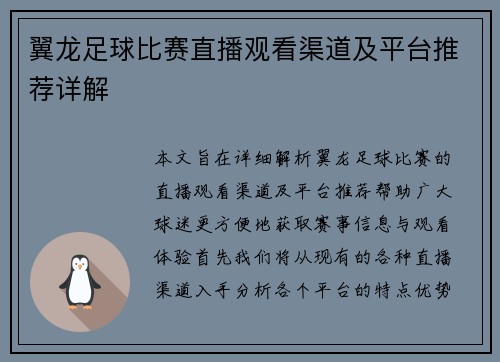 翼龙足球比赛直播观看渠道及平台推荐详解