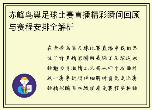 赤峰鸟巢足球比赛直播精彩瞬间回顾与赛程安排全解析